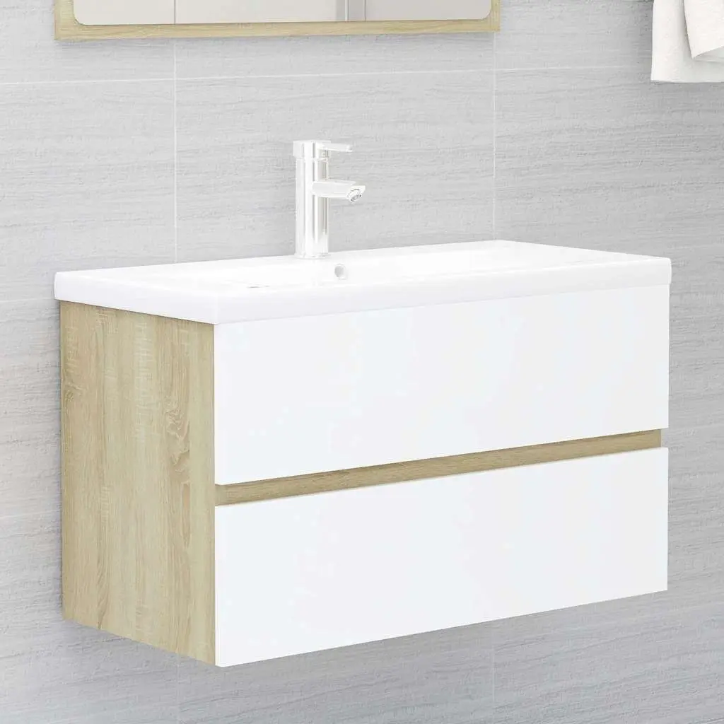 Bathroom Furniture Set Engineered Wood Sink Cabinet Ceramic Basin Mirror Beige