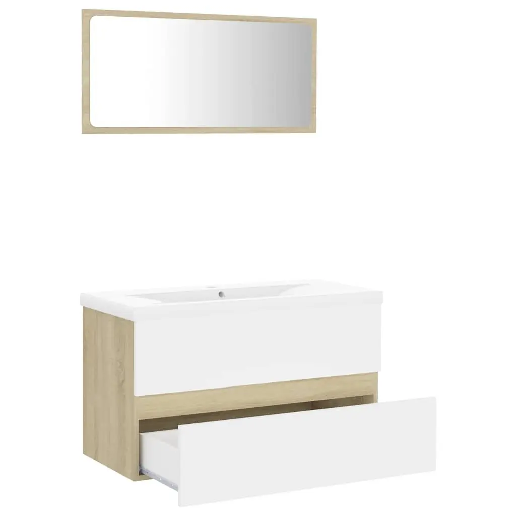 Bathroom Furniture Set Engineered Wood Sink Cabinet Ceramic Basin Mirror Beige
