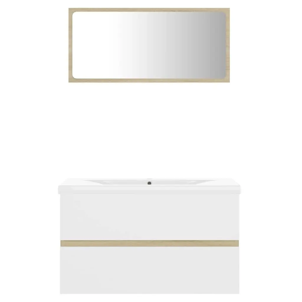 Bathroom Furniture Set Engineered Wood Sink Cabinet Ceramic Basin Mirror Beige