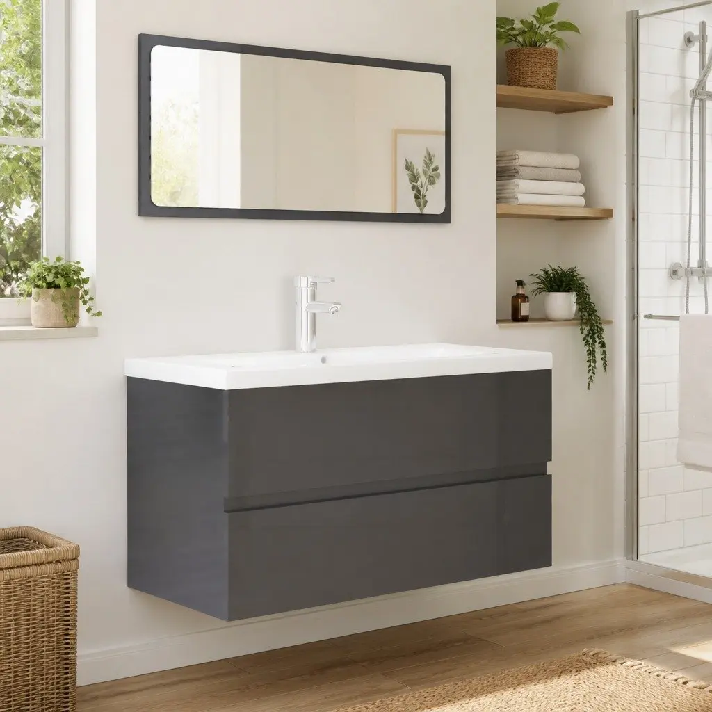 Bathroom Set Engineered Wood Sink Cabinet Ceramic Basin Mirror Grey