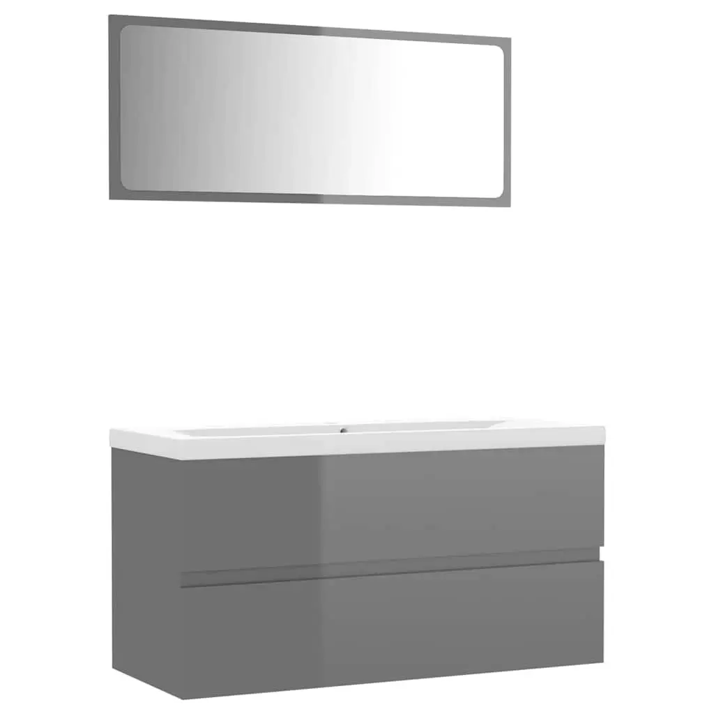 Bathroom Set Engineered Wood Sink Cabinet Ceramic Basin Mirror Grey