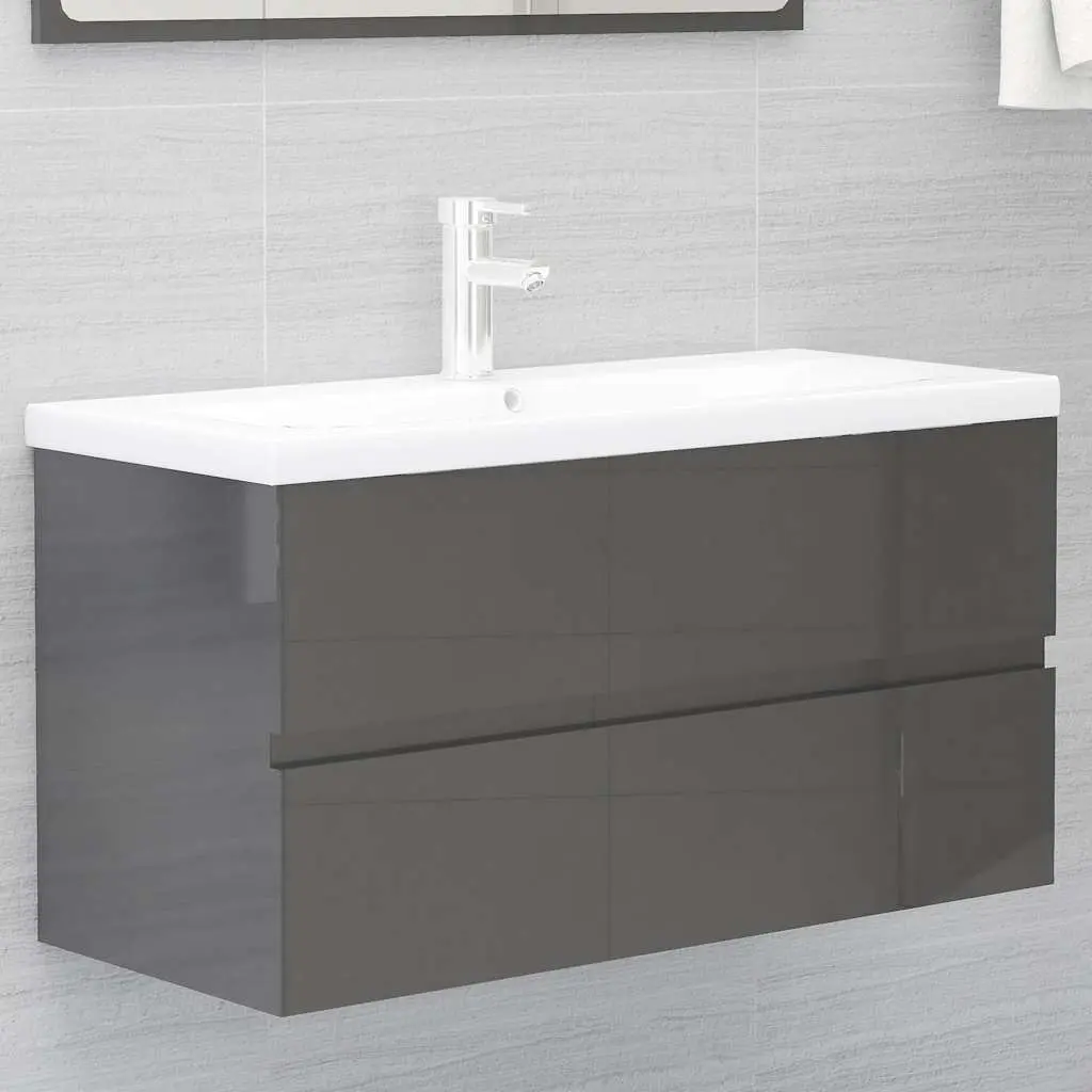 Bathroom Set Engineered Wood Sink Cabinet Ceramic Basin Mirror Grey