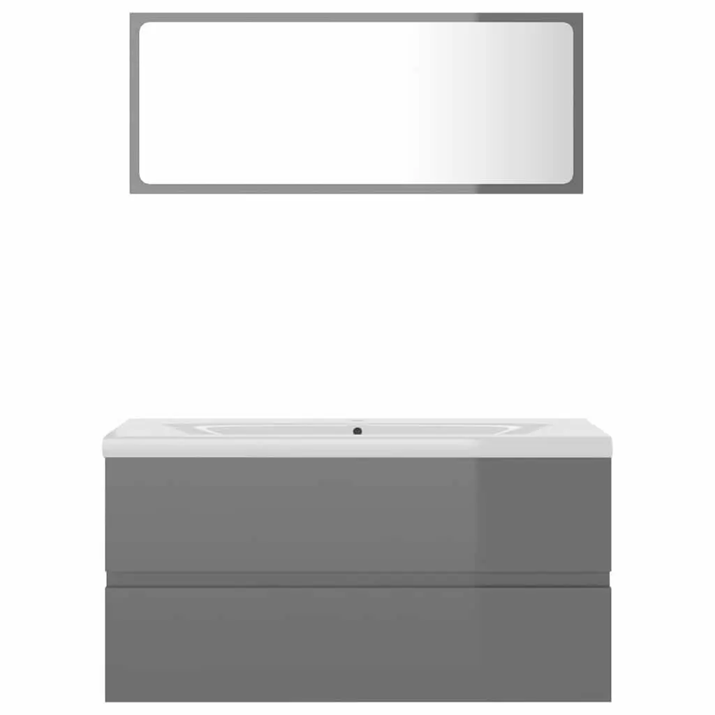 Bathroom Set Engineered Wood Sink Cabinet Ceramic Basin Mirror Grey