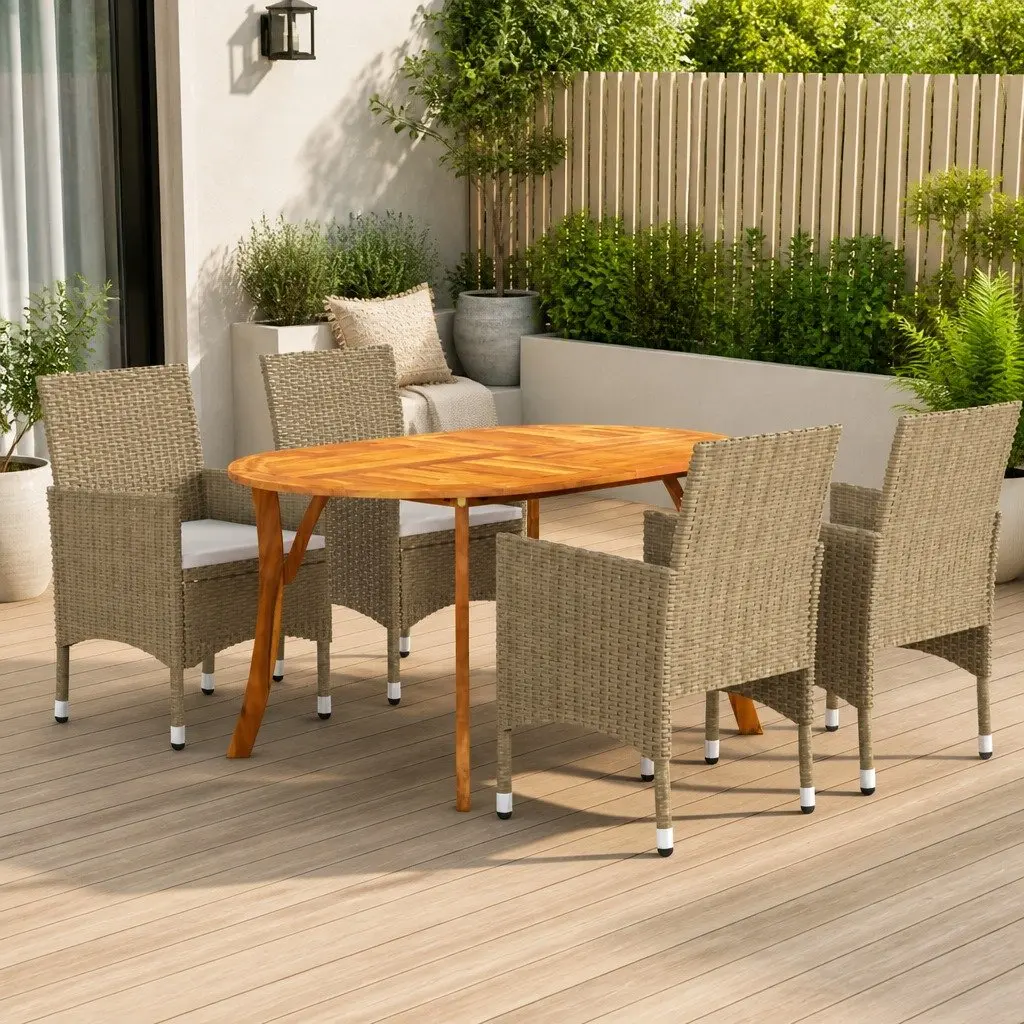 Garden Dining Set 5 Piece Solid Acacia Wood Outdoor Table Beige Steel Frame Chairs Weather Resistant PE Rattan Cushioned