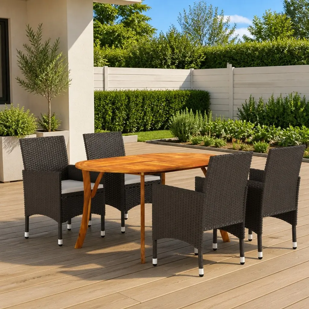 5 Piece Garden Dining Set Acacia Wood Table Rattan Chairs Outdoor Brown