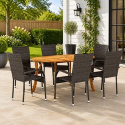 7 Piece Garden Dining Set Acacia Wood Table Rattan Chairs Outdoor Furniture