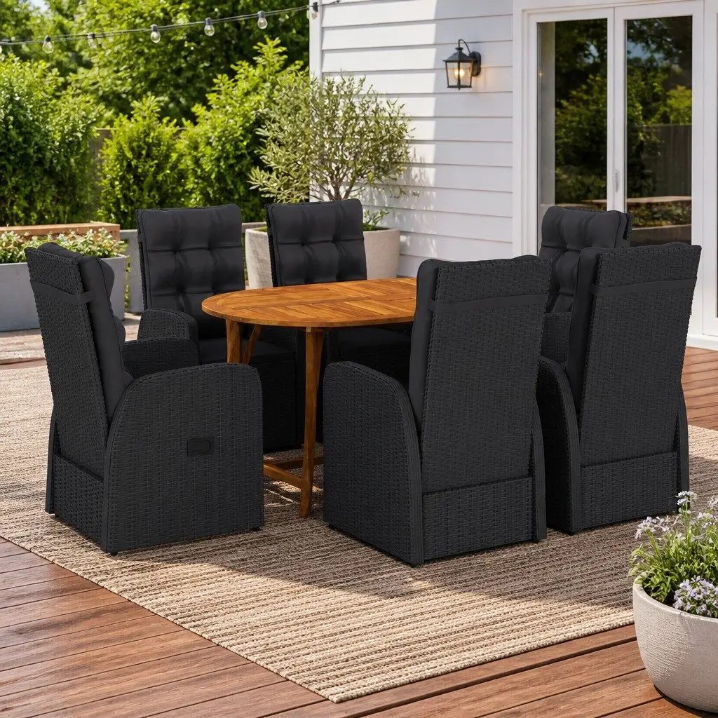 Garden Dining Set Acacia Wood Steel Frame 7 Piece Outdoor Table Chairs Black PE Rattan