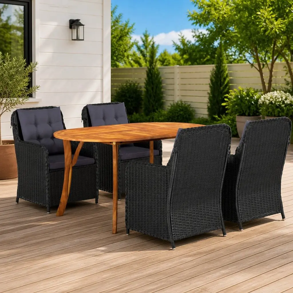 Garden Dining Set Acacia Wood Table Rattan Chairs 5 Piece Black