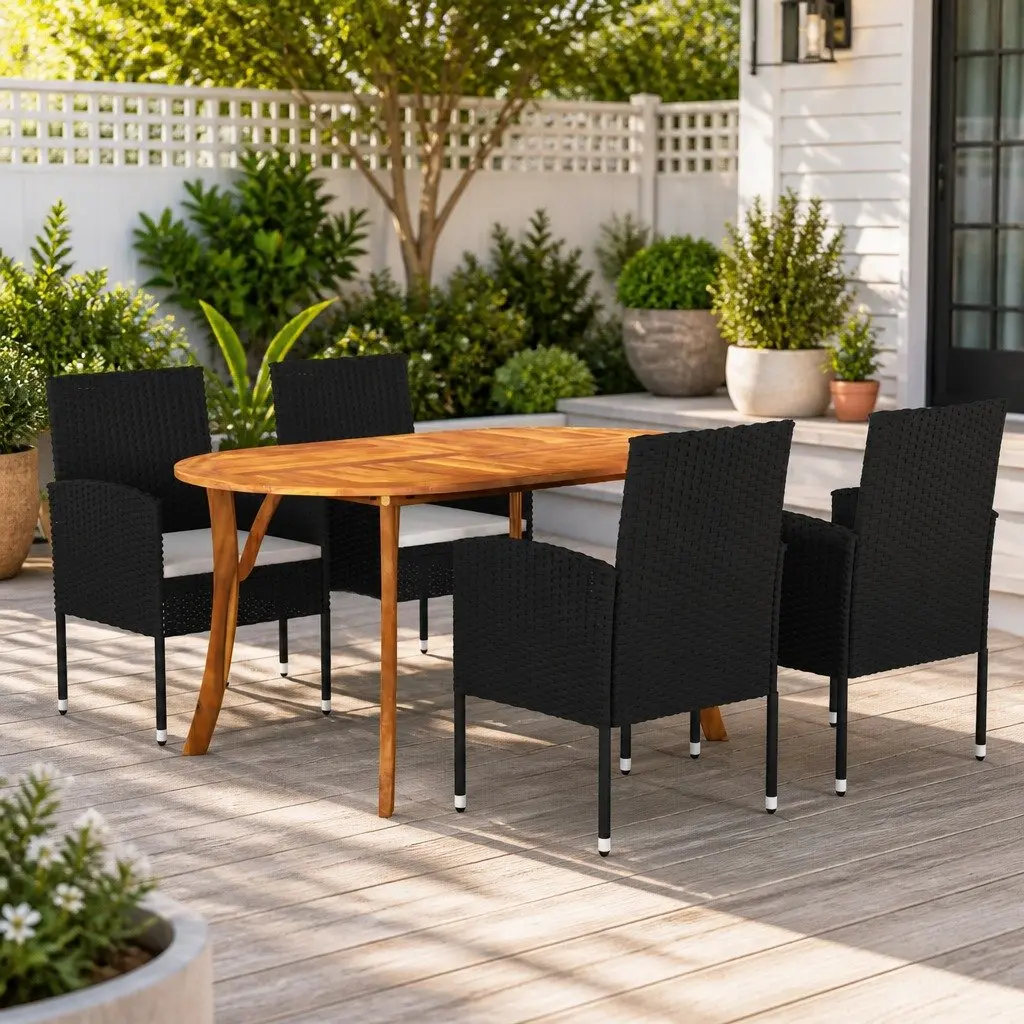 Outdoor Dining Set 5 Piece Black Acacia Wood and Rattan Table with Chairs