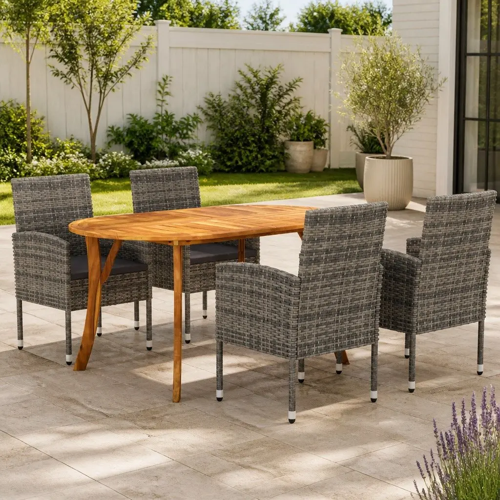 5 Piece Garden Dining Set Solid Acacia Wood Table Steel Frame Chairs Anthracite