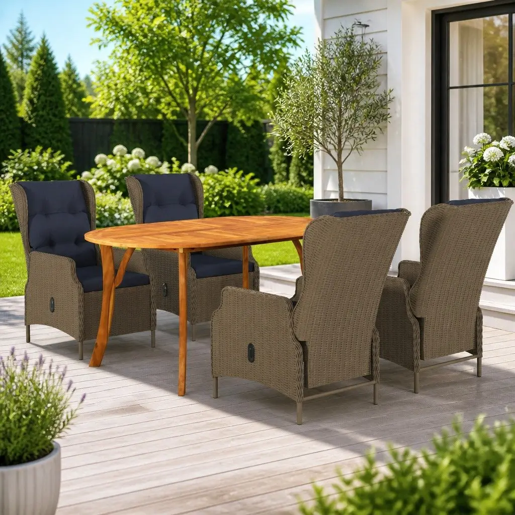 Garden Dining Set Acacia Wood Table 4 Chairs Brown PE Rattan Furniture