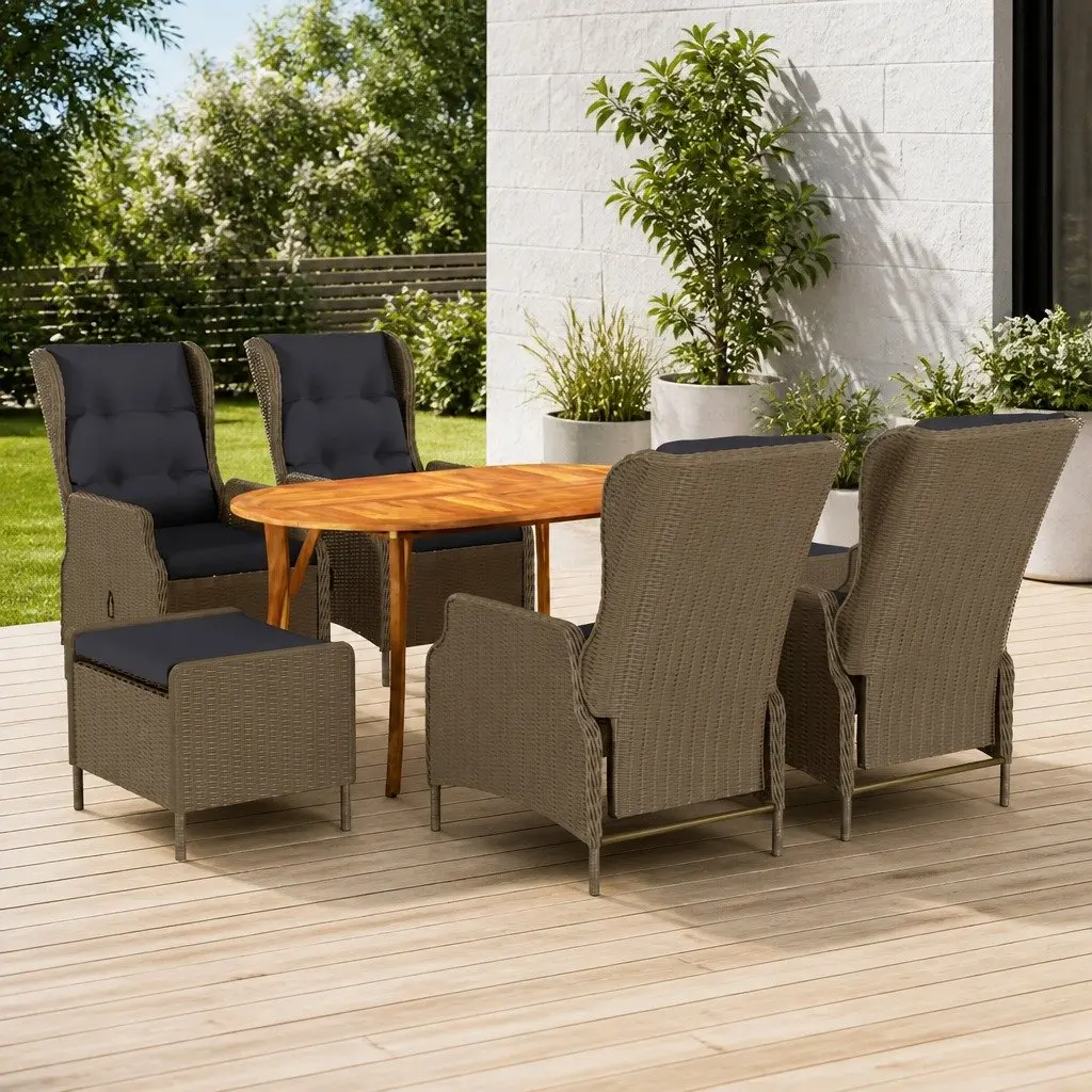 7 Piece Outdoor Dining Set Acacia Wood Table Rattan Chairs Weather Resistant Brown