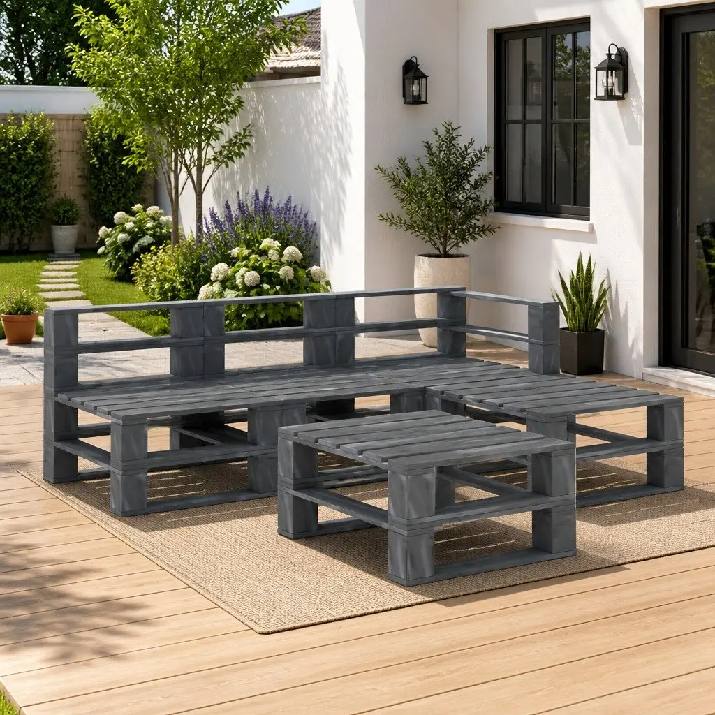 Garden Pallet Lounge Set Pinewood 5 Piece Outdoor Furniture Grey