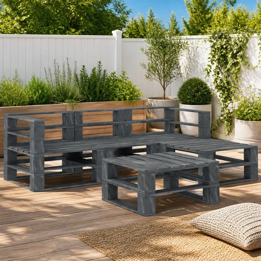 Garden Pallet Lounge Set Grey Pinewood 5 Piece Outdoor Furniture Sofa Coffee Table