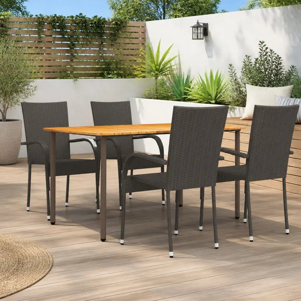 Garden Dining Set Poly Rattan Steel Frame Acacia Wood Top 5 Piece Brown