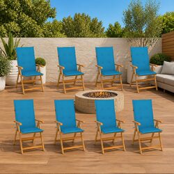 Folding Outdoor Reclining Chairs with Blue Cushions - Set of 8