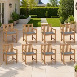 8 Outdoor Chairs with Grey Cushions for Patio Use
