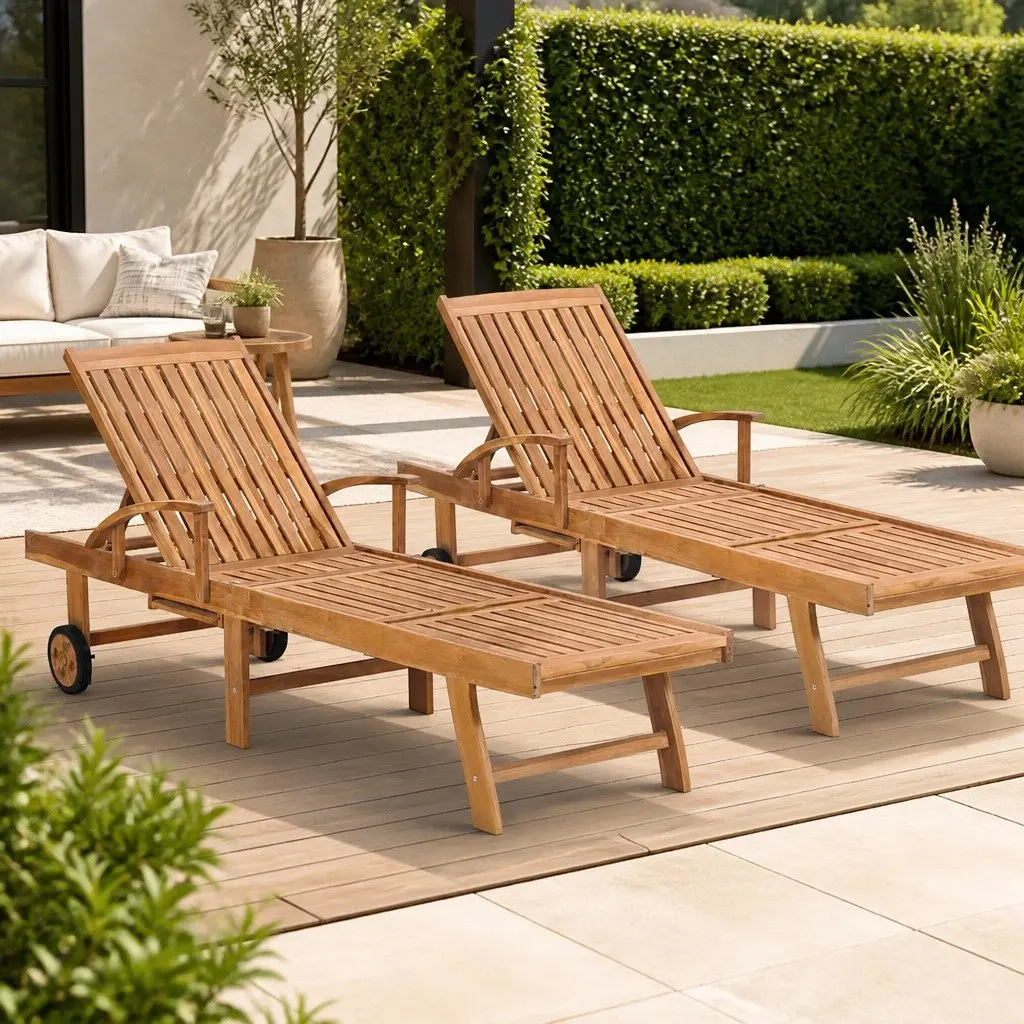 Sun Lounger 2 pcs Solid Teak Wood Slatted Design Garden Patio Outdoor Daybed