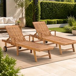 Pair of Solid Teak Loungers with Slatted Design
