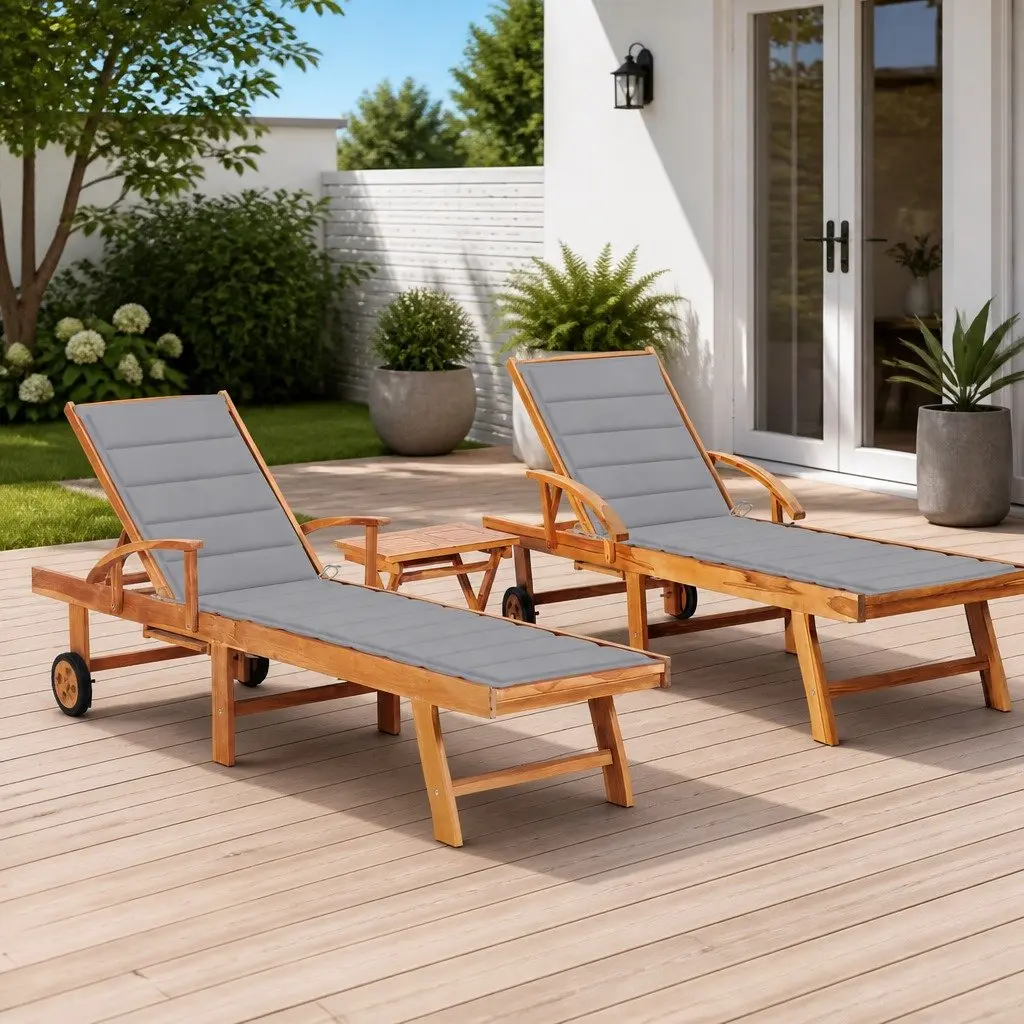 Sun Lounger Set Teak Hardwood Grey 2 Piece Outdoor Garden Patio Recliner with Side Table and Cushion