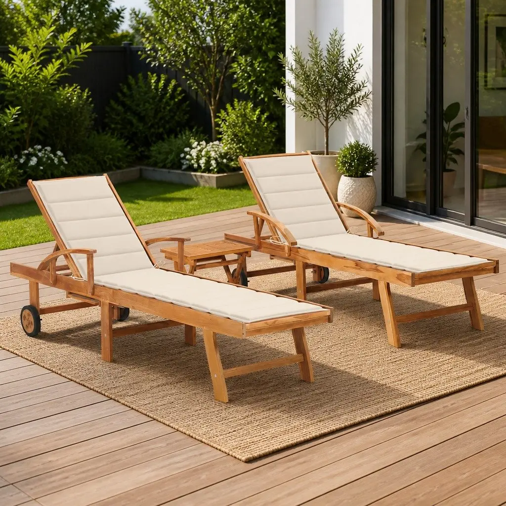 Sun Lounger Set Teak Wood 2 pcs Adjustable Backrest Cream Outdoor Garden