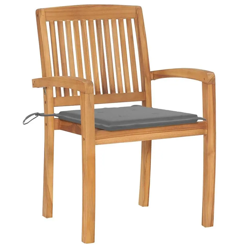 Teak Wood Outdoor Stacking Garden Chairs 8 Pieces with Grey Cushions
