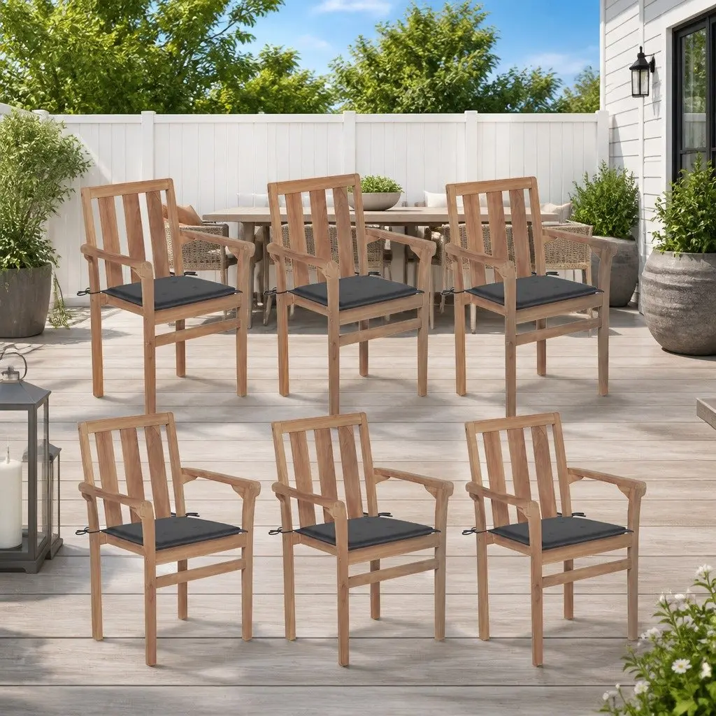Outdoor Stackable Garden Chairs Teak Wood Set 6 Anthracite with Cushions