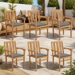 6-Piece Stackable Outdoor Chairs in Teak with Grey Cushions