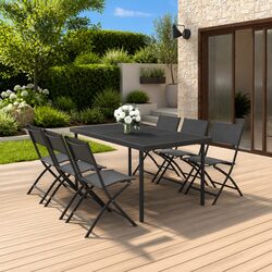 7 Piece Outdoor Dining Set Steel Frame Stackable Chairs Garden Furniture