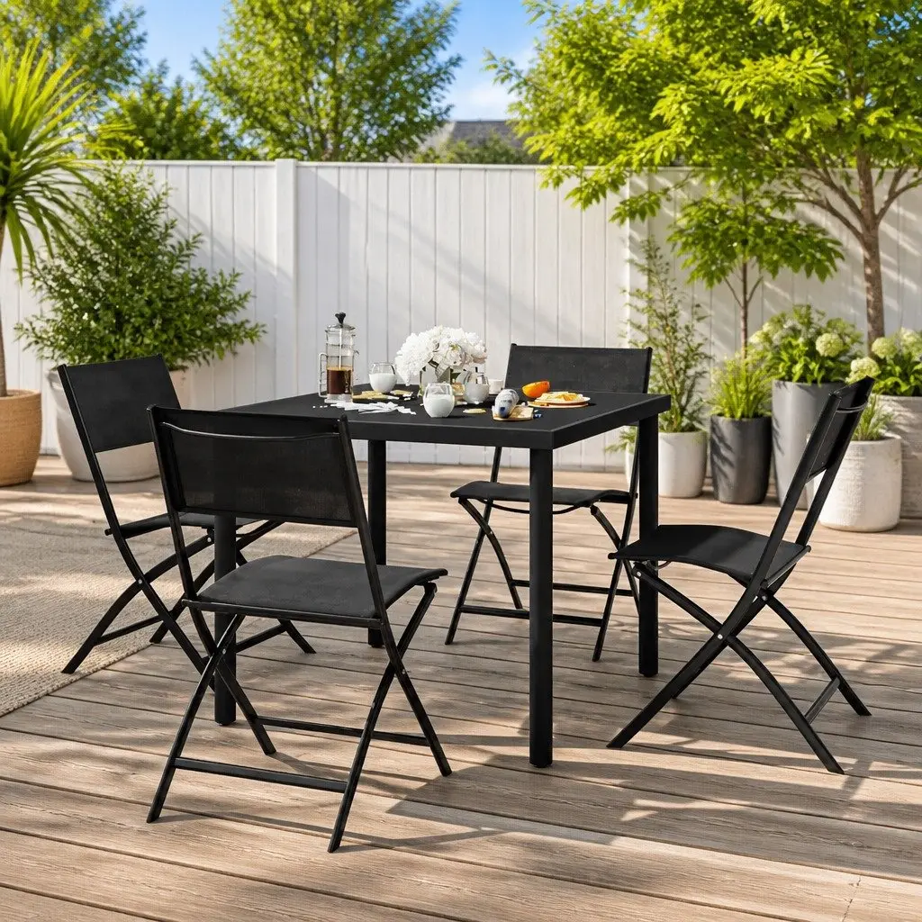 5 Piece Outdoor Dining Set Steel Frame Textilene Fabric Black