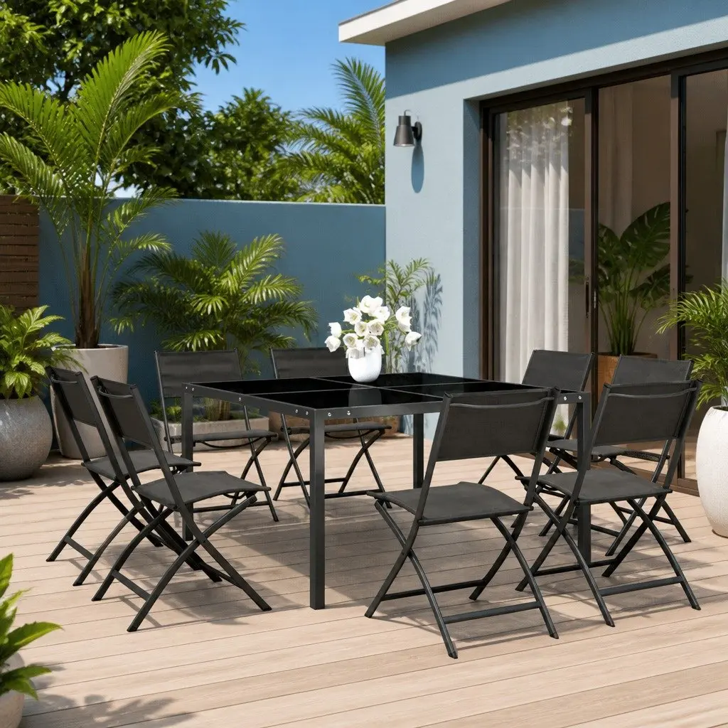 9 Piece Outdoor Dining Set Black Steel Frame Table and Stackable Chairs Textilene