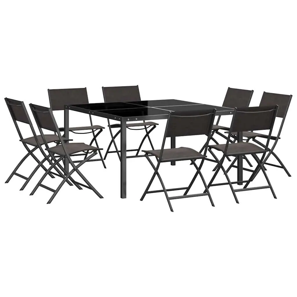 9 Piece Outdoor Dining Set Black Steel Frame Table and Stackable Chairs Textilene