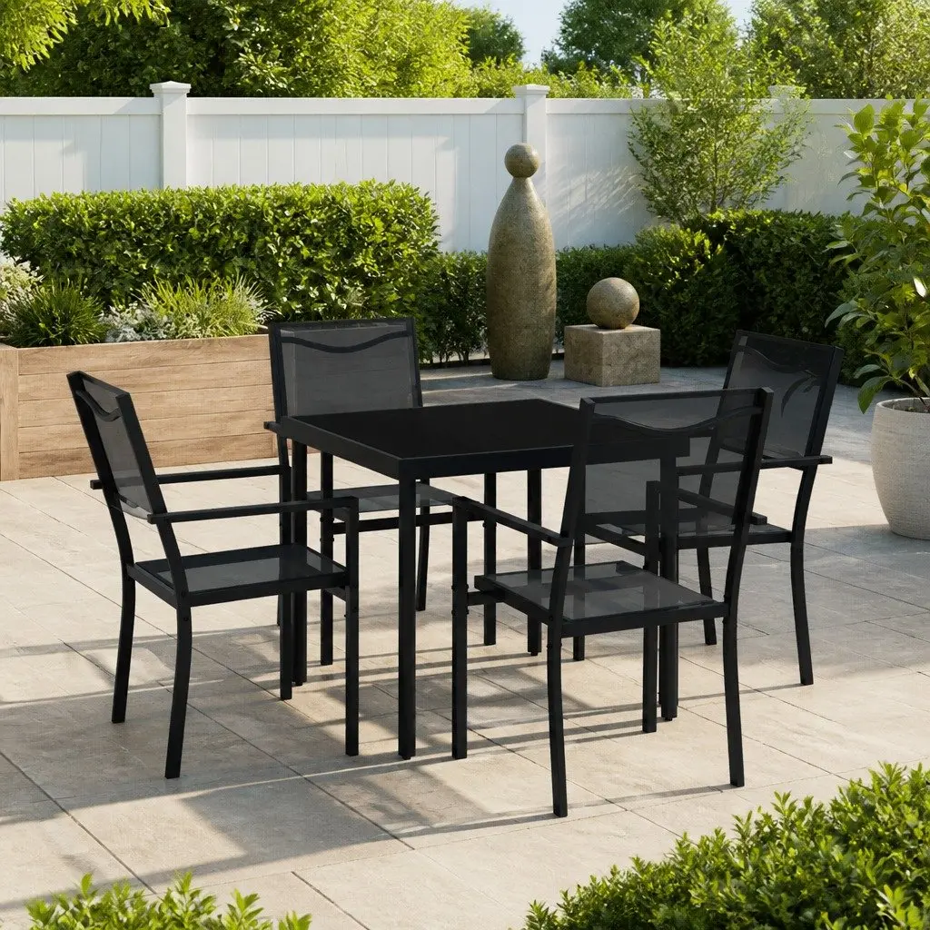 Outdoor Dining Set Steel Frame 5 Piece Black Table Chairs