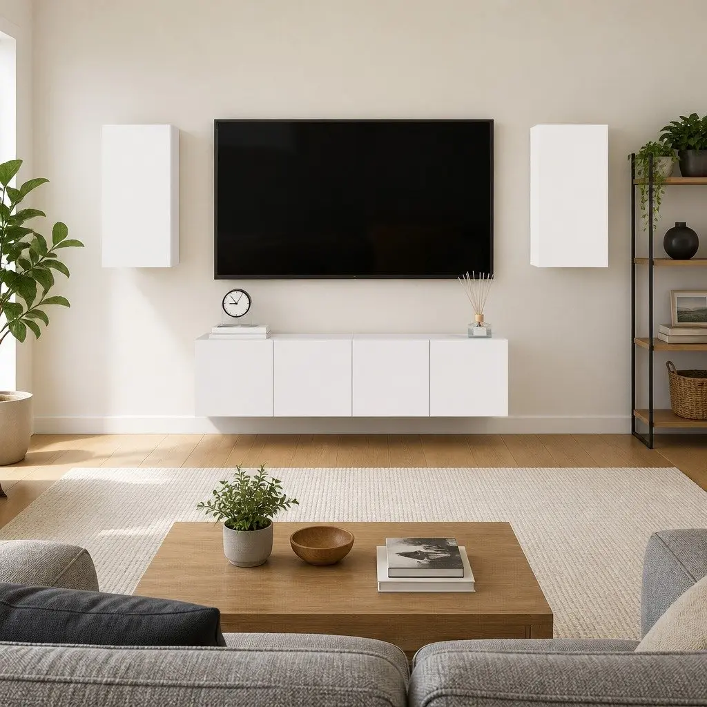 TV Cabinet Set Engineered Wood 4 Piece Wall Mounted White Storage Unit