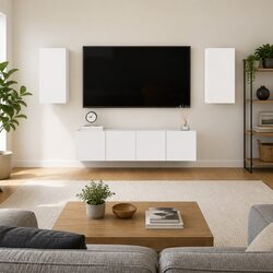 White TV Cabinet Set 4 Pieces Wall Mounted Storage Unit Shelves Books DVDs