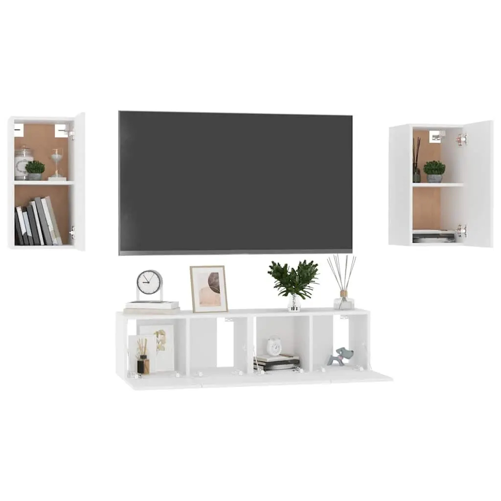 TV Cabinet Set Engineered Wood 4 Piece Wall Mounted White Storage Unit