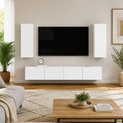 4 Piece TV Cabinet Set White Wall Mounted Storage Unit Living Room Furniture