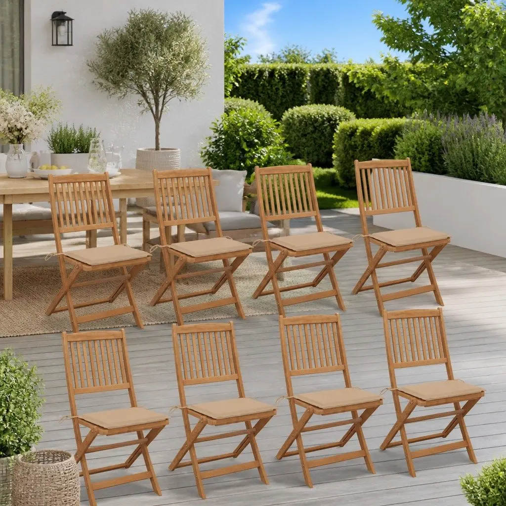 8 Piece Folding Chairs Outdoor Patio Solid Acacia Wood with Cushions Beige