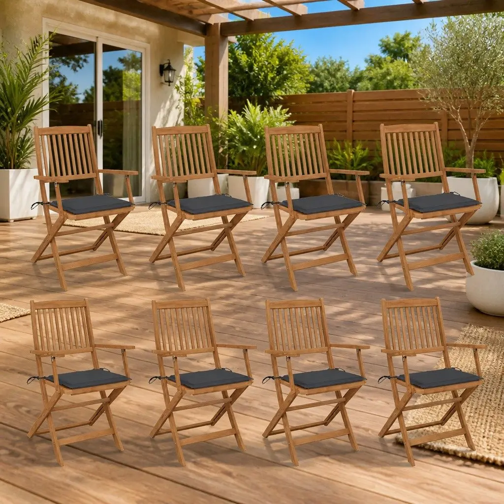 Folding Dining Chairs Set Acacia Wood 8 Pieces Anthracite with Cushions