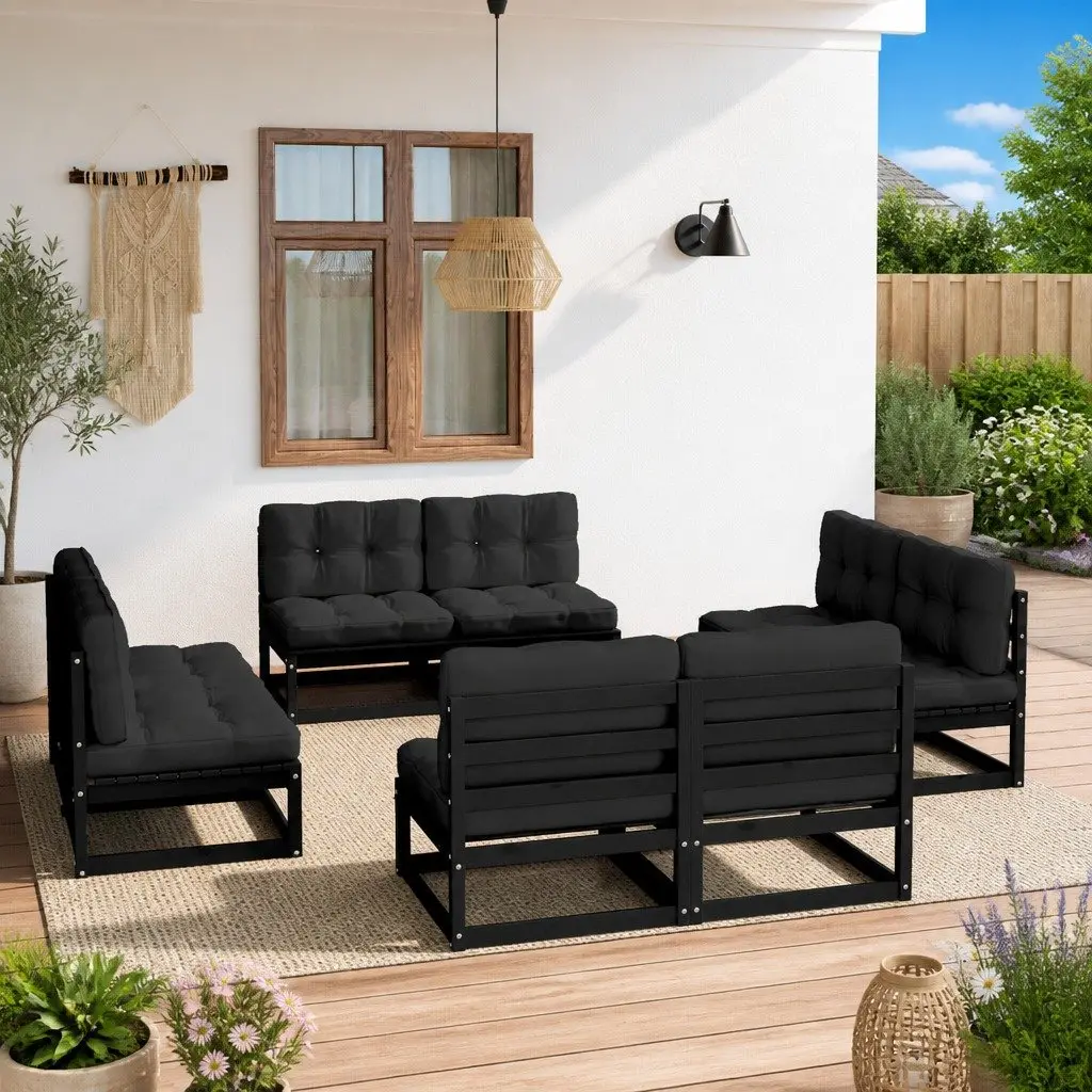 8PieceOutdoorGardenLoungeSetBlackCushionsSolidPinewoodFurniture