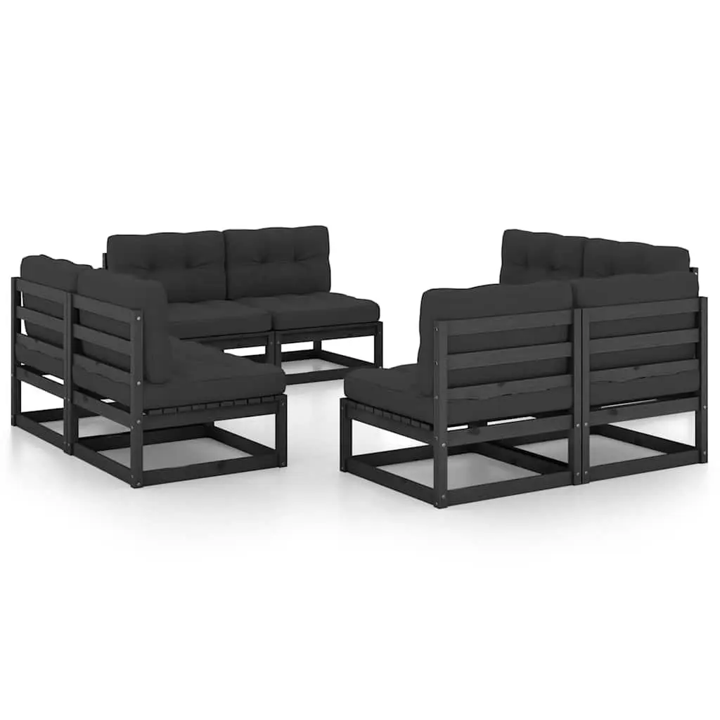 8PieceOutdoorGardenLoungeSetBlackCushionsSolidPinewoodFurniture