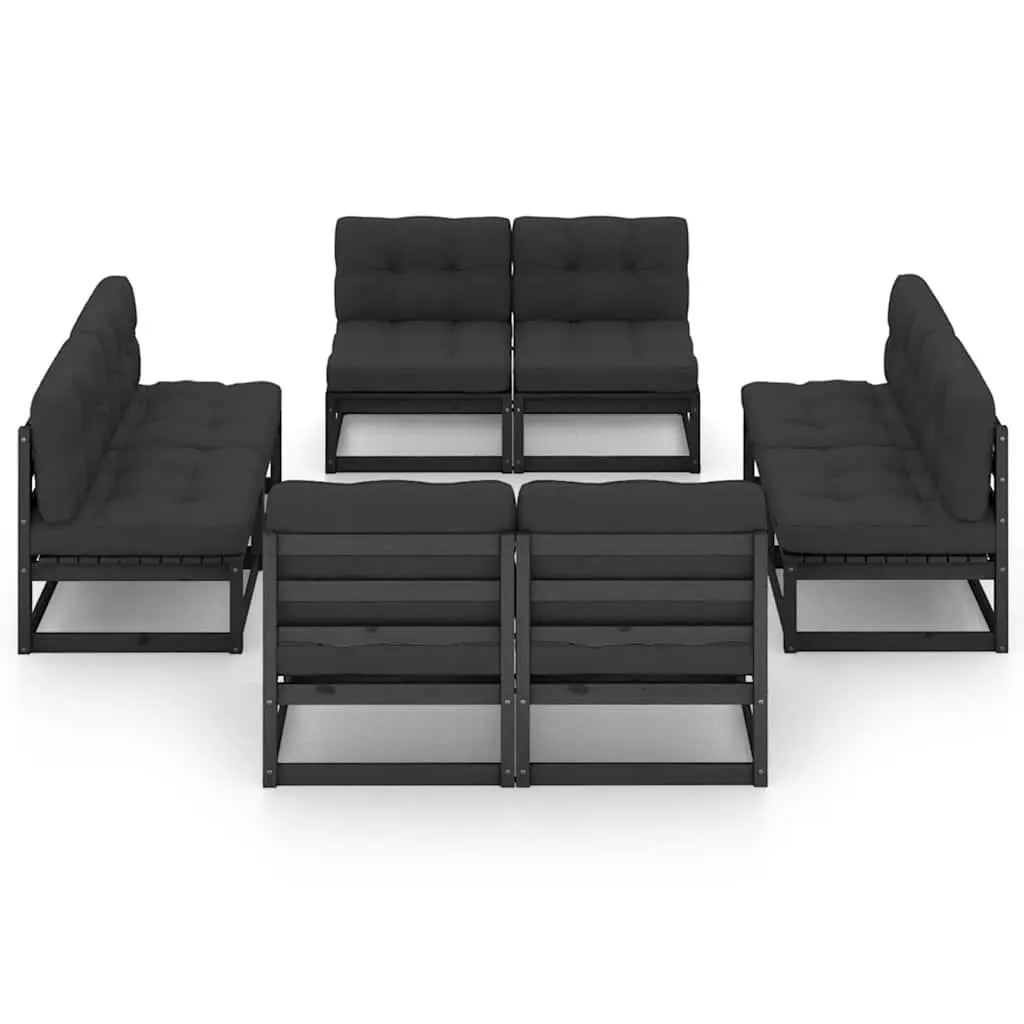 8PieceOutdoorGardenLoungeSetBlackCushionsSolidPinewoodFurniture