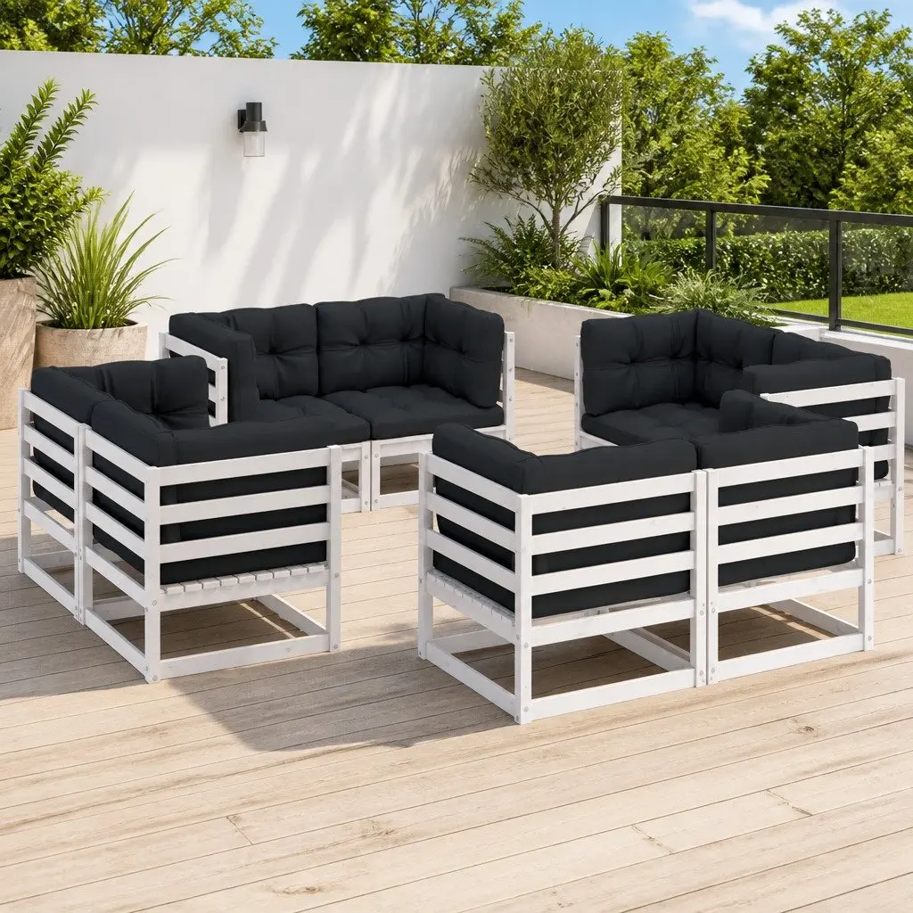 8 Piece Modular Garden Lounge Set Outdoor Furniture Solid Pinewood with Cushions White