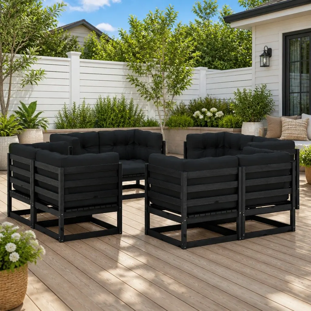 Garden Lounge Set Solid Pinewood 8 Piece Outdoor Furniture Black