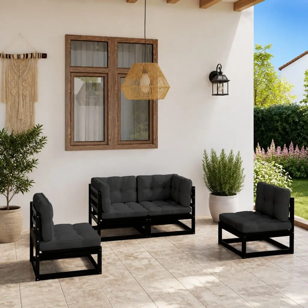 Garden Lounge Set Solid Pinewood 4 Piece Outdoor Furniture with Cushions Black Modular