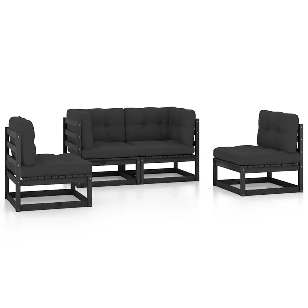 Garden Lounge Set Solid Pinewood 4 Piece Outdoor Furniture with Cushions Black Modular