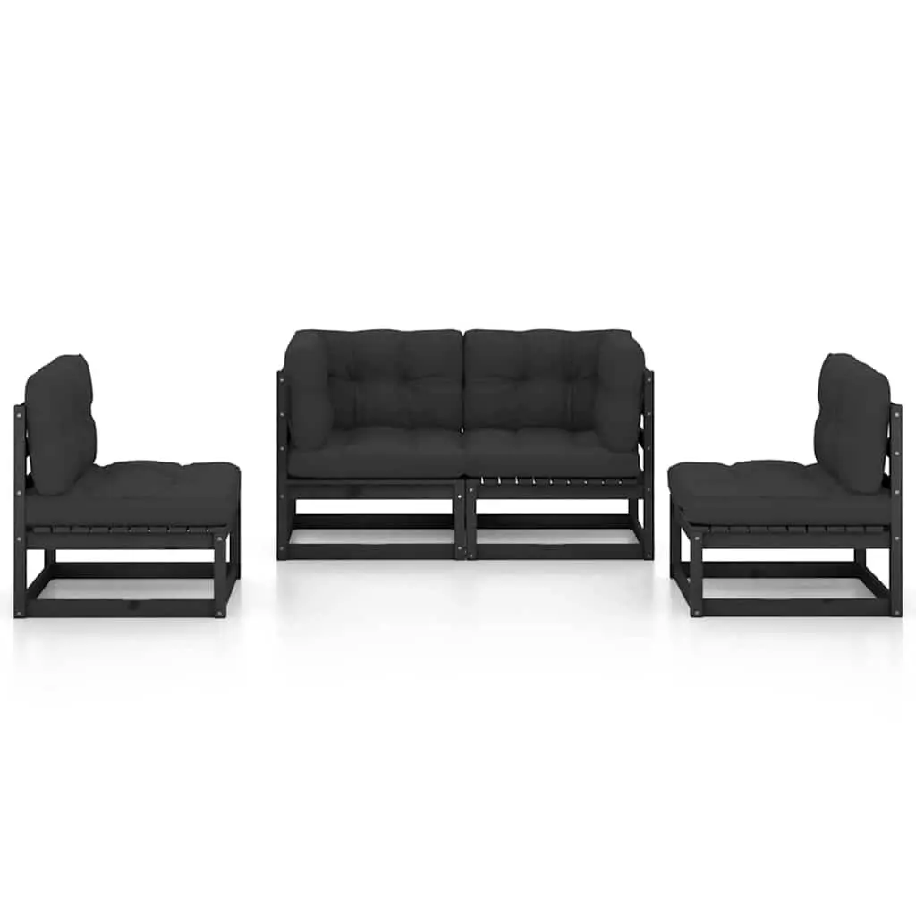 Garden Lounge Set Solid Pinewood 4 Piece Outdoor Furniture with Cushions Black Modular