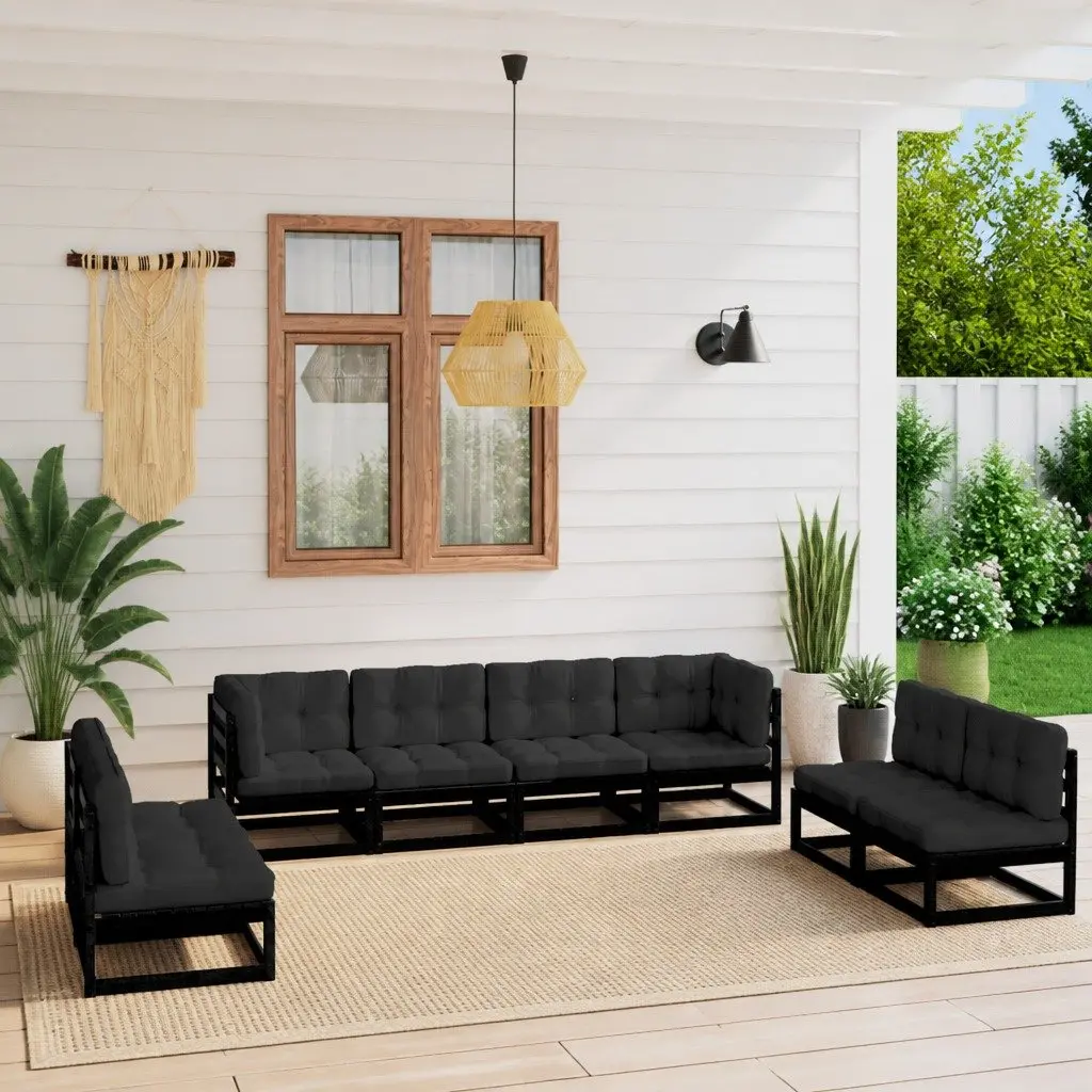Garden Lounge Set Solid Pinewood 8 Piece Modular Outdoor Furniture with Cushions Black