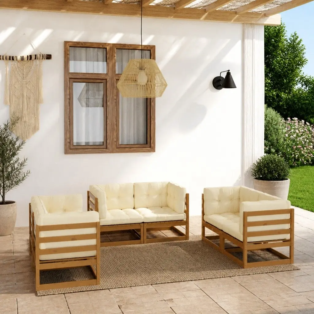 Garden Lounge Set Solid Pinewood 6 Piece Outdoor Furniture with Cushions Brown Modular
