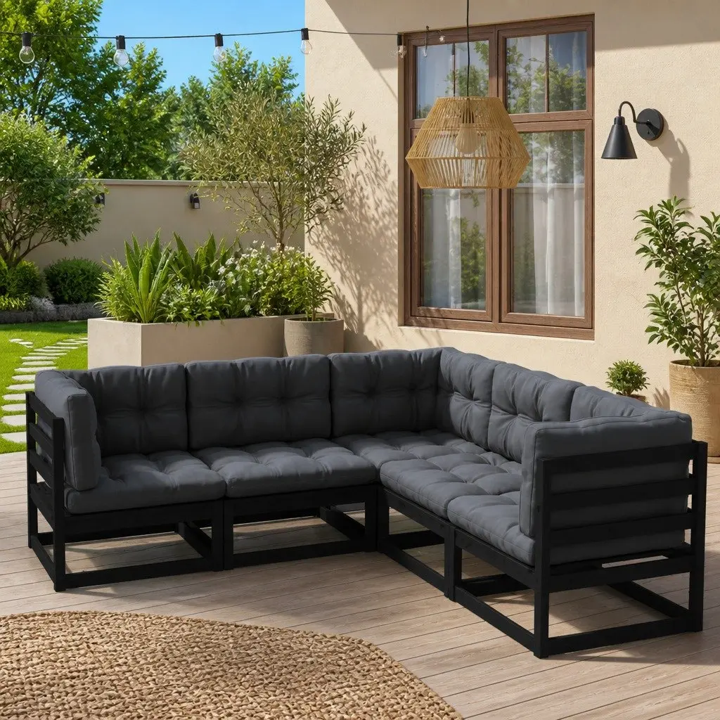 5 Piece Garden Furniture Set Black Cushioned Solid Pinewood Outdoor Lounge